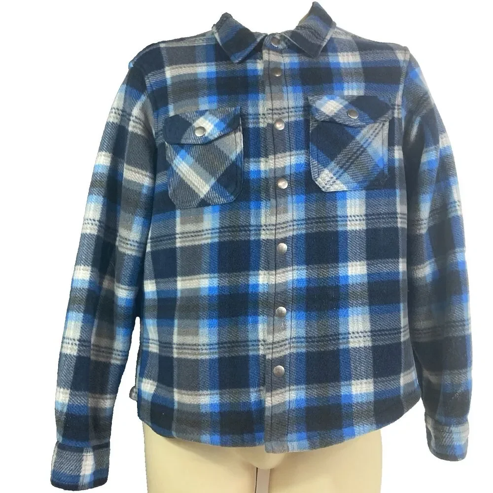 Eddie Bauer Sherpa-Lined Fleece Youth Sz 14/16 Blue Plaid Snap-Up Shacket